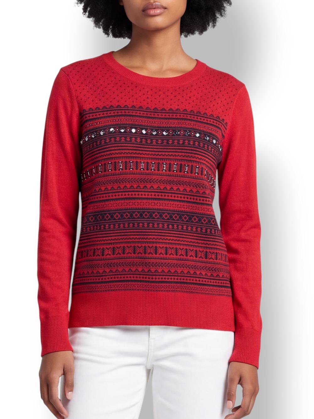 4/$20 Merona Red Navy Fair Isle Rhinestone Embellished Sweater Medium